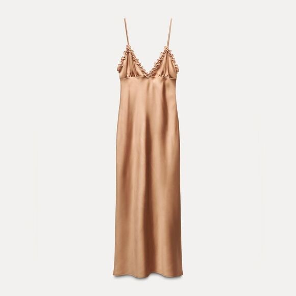 NWT ZARA CONTRASTING RUFFLES SATIN EFFECT DRESS gold/ champagne color - Picture 12 of 15